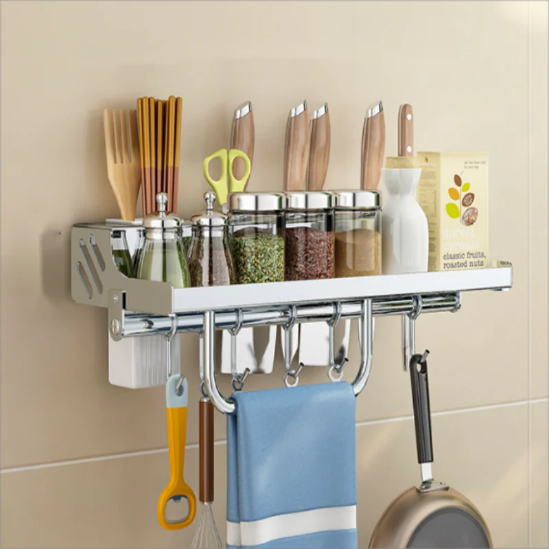 Wall-Mounted Kitchen Organizer Rack – Multipurpose Storage Shelf with Hooks & Dispenser