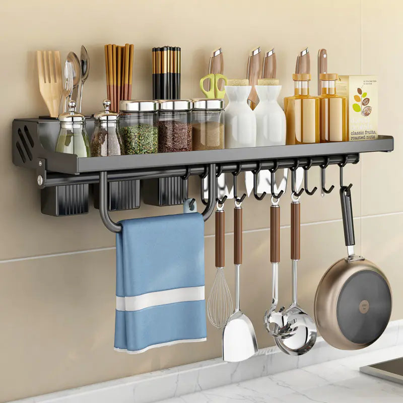 Wall-Mounted Kitchen Organizer Rack – Multipurpose Storage Shelf with Hooks & Dispenser