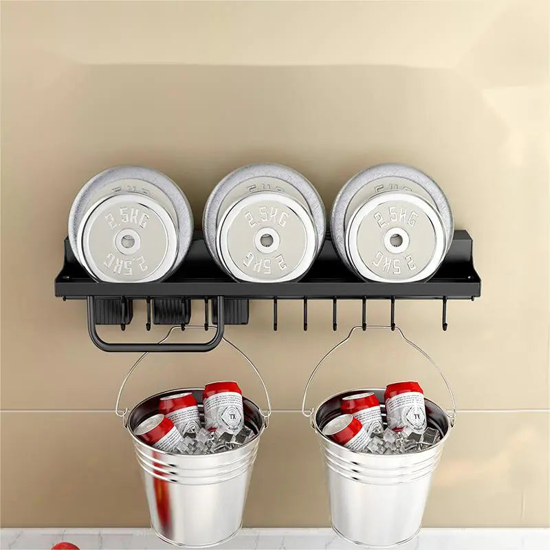 Wall-Mounted Kitchen Organizer Rack – Multipurpose Storage Shelf with Hooks & Dispenser