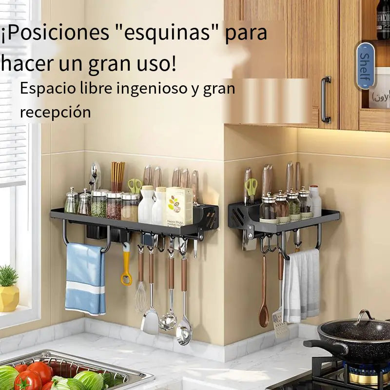 Wall-Mounted Kitchen Organizer Rack – Multipurpose Storage Shelf with Hooks & Dispenser