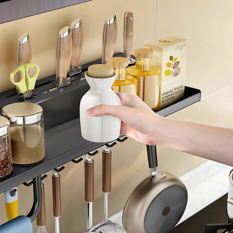 Wall-Mounted Kitchen Organizer Rack – Multipurpose Storage Shelf with Hooks & Dispenser