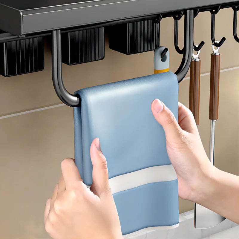 Wall-Mounted Kitchen Organizer Rack – Multipurpose Storage Shelf with Hooks & Dispenser