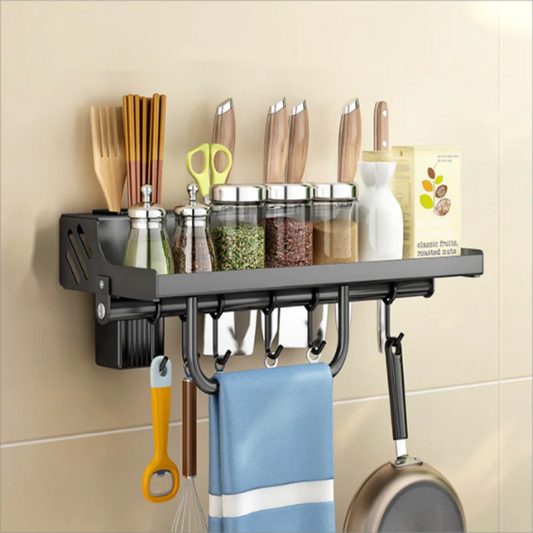 Wall-Mounted Kitchen Organizer Rack – Multipurpose Storage Shelf with Hooks & Dispenser